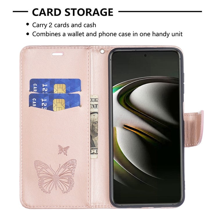 Butterfly Imprinted PU Leather Magnetic Flip Case Wallet Stand Shockproof Cover with Strap for Samsung Galaxy S22 5G - Rose Gold