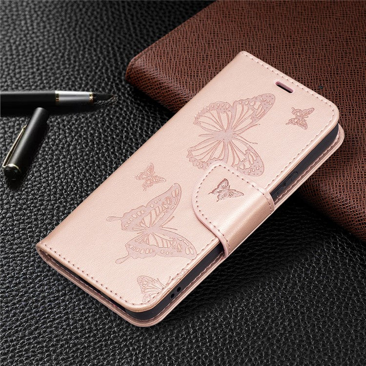 Butterfly Imprinted PU Leather Magnetic Flip Case Wallet Stand Shockproof Cover with Strap for Samsung Galaxy S22 5G - Rose Gold