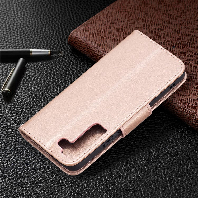 Butterfly Imprinted PU Leather Magnetic Flip Case Wallet Stand Shockproof Cover with Strap for Samsung Galaxy S22 5G - Rose Gold