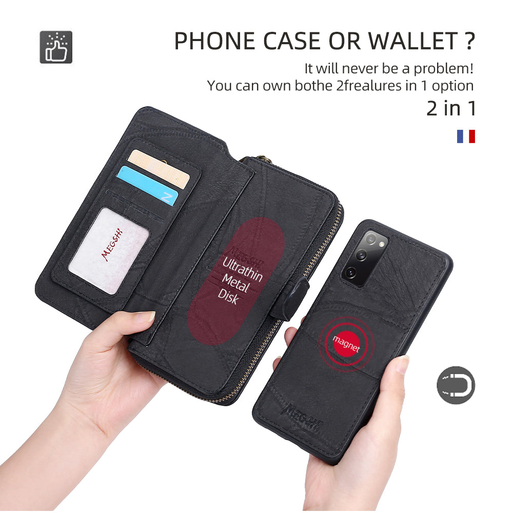 MEGSHI 004 Series 2-in-1 Detachable Magnetic PU Leather Zipper Wallet Case Stand Flip Protective Cover with Strap for Samsung Galaxy S20 FE 2022/S20 FE/S20 FE 5G/S20 Lite - Black
