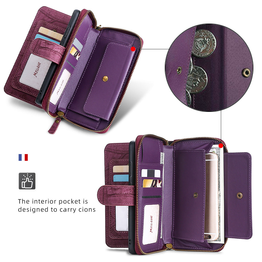 MEGSHI 004 Series 2-in-1 Detachable Magnetic PU Leather Zipper Wallet Case Stand Flip Protective Cover with Strap for Samsung Galaxy S20 FE 2022/S20 FE/S20 FE 5G/S20 Lite - Wine Red