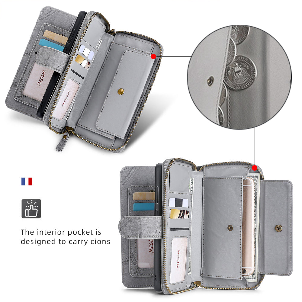 MEGSHI 004 Series 2-in-1 Detachable Magnetic PU Leather Zipper Wallet Case Stand Flip Protective Cover with Strap for Samsung Galaxy S20 FE 2022/S20 FE/S20 FE 5G/S20 Lite - Grey