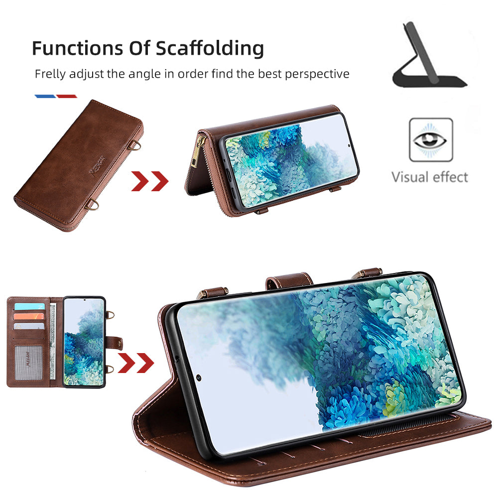 MEGSHI 020 Series PU Leather Wallet Case Magnetic Detachable Flip Folio Cover with Shoulder Strap for Samsung Galaxy S20 Plus 4G/5G - Brown