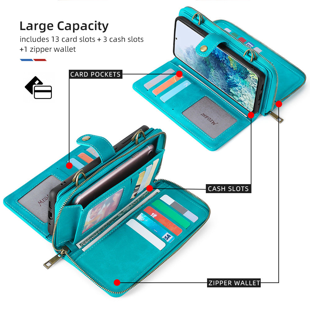 MEGSHI 020 Series PU Leather Wallet Case Magnetic Detachable Flip Folio Cover with Shoulder Strap for Samsung Galaxy S20 Plus 4G/5G - Blue