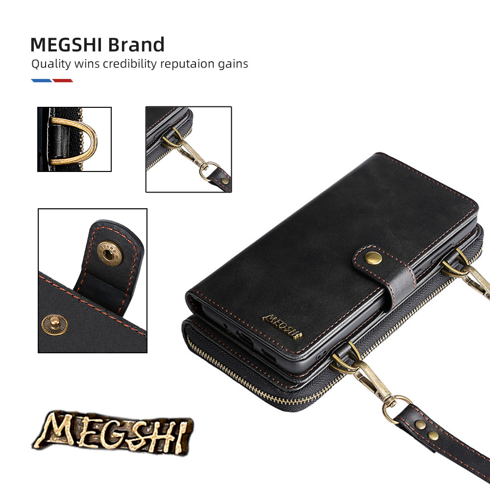 MEGSHI 020 Series PU Leather Wallet Case Magnetic Detachable Flip Folio Cover with Shoulder Strap for Samsung Galaxy S20 Plus 4G/5G - Black