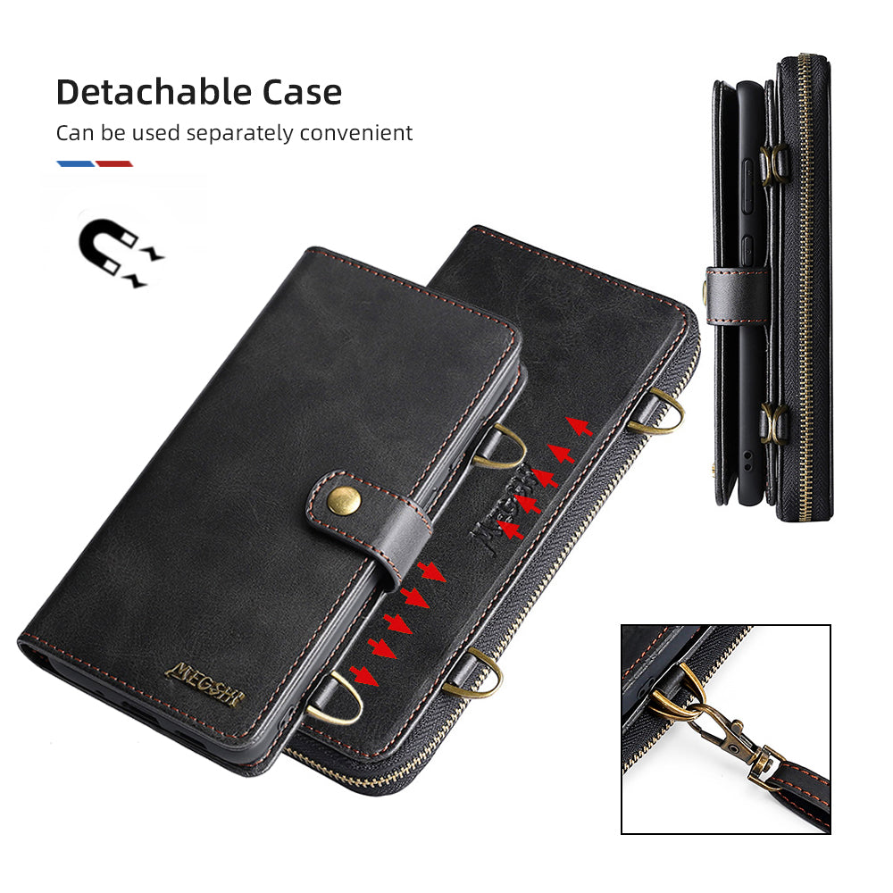 MEGSHI 020 Series PU Leather Wallet Case Magnetic Detachable Flip Folio Cover with Shoulder Strap for Samsung Galaxy S20 Plus 4G/5G - Black
