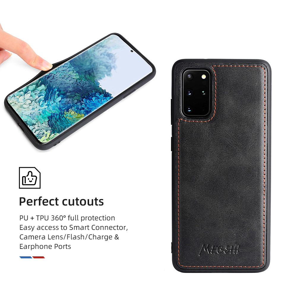 MEGSHI 020 Series PU Leather Wallet Case Magnetic Detachable Flip Folio Cover with Shoulder Strap for Samsung Galaxy S20 Plus 4G/5G - Black