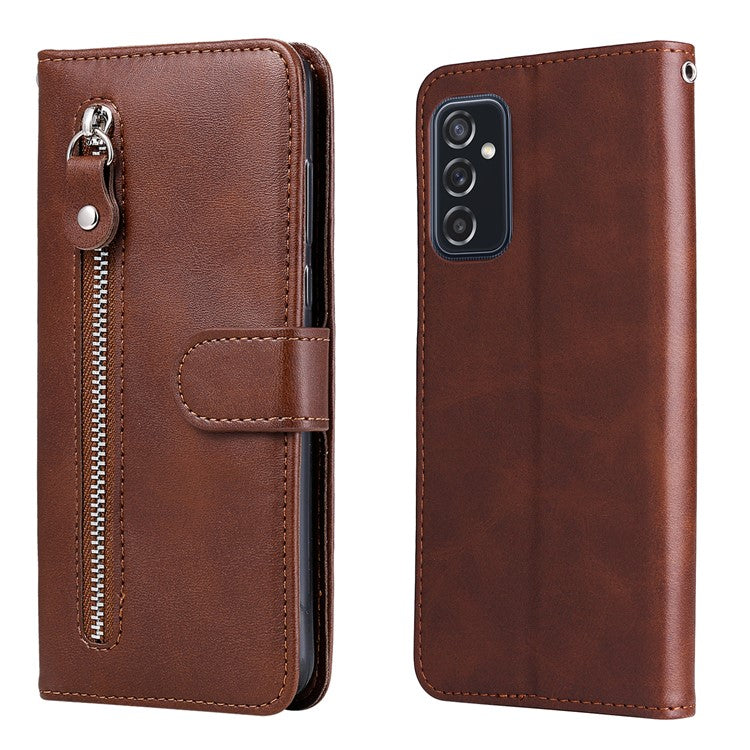 Folding PU Leather Phone Case Zipper Pocket Design Wallet Case with Adjustable Stand for Samsung Galaxy M52 5G - Brown