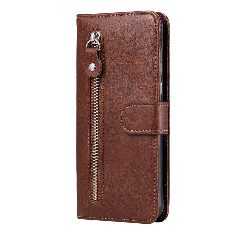 Folding PU Leather Phone Case Zipper Pocket Design Wallet Case with Adjustable Stand for Samsung Galaxy M52 5G - Brown