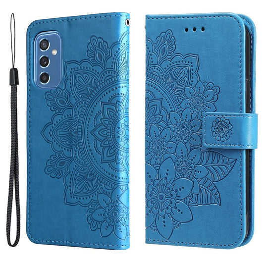 Phone Cover Flip Mobile Phone Case Imprinted Flower Pattern TPU+PU Leather Stand Wallet with Lanyard for Samsung Galaxy M52 5G - Blue