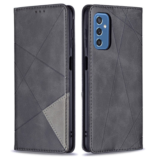 Card Slots Phone Cover Imprinting Rhombus-Like Pattern Design Leather Stand Phone Case Cover for Samsung Galaxy M52 5G - Black