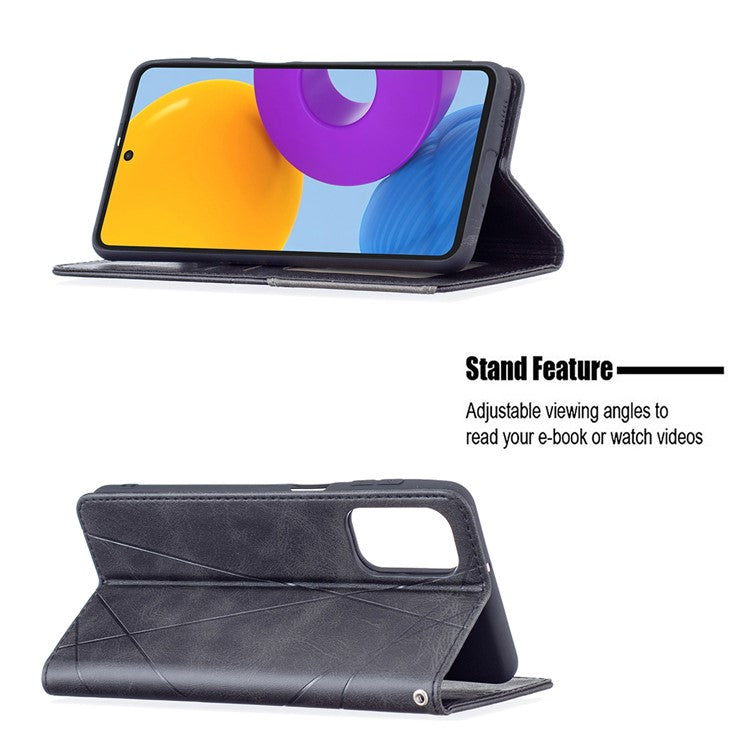 Card Slots Phone Cover Imprinting Rhombus-Like Pattern Design Leather Stand Phone Case Cover for Samsung Galaxy M52 5G - Black