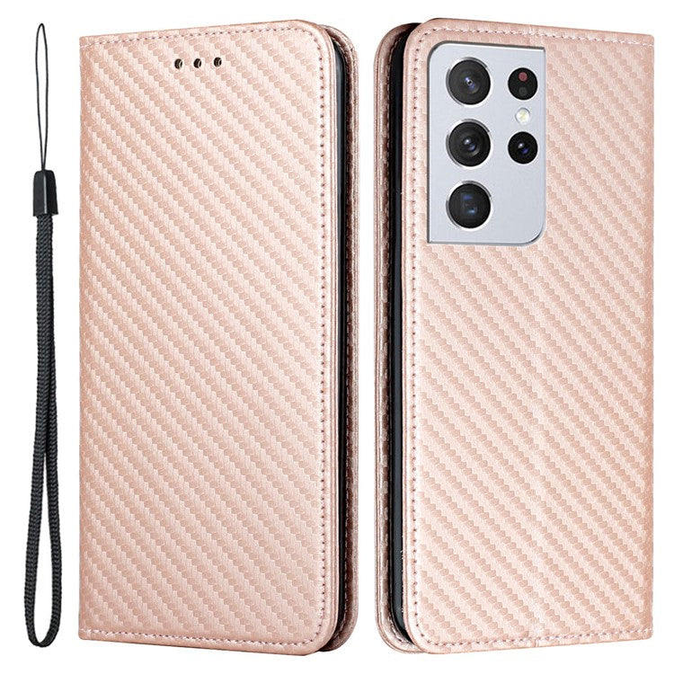 Carbon Fiber Texture Foldable Stand Shockproof Leather Wallet Case with Auto Closure Magnet for Samsung Galaxy S21 Ultra 5G - Rose Gold