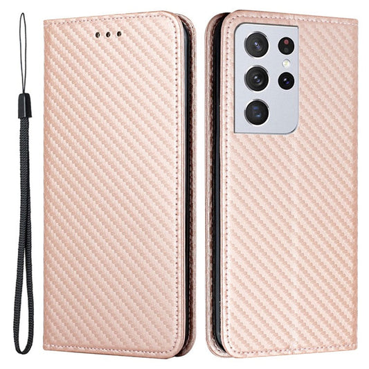 Carbon Fiber Texture Foldable Stand Shockproof Leather Wallet Case with Auto Closure Magnet for Samsung Galaxy S21 Ultra 5G - Rose Gold