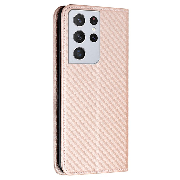 Carbon Fiber Texture Foldable Stand Shockproof Leather Wallet Case with Auto Closure Magnet for Samsung Galaxy S21 Ultra 5G - Rose Gold