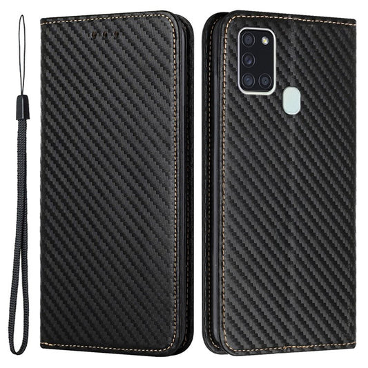 Anti-shock Phone Flip Cover Carbon Fiber Texture Stand Wallet Design Auto-absorbed PU Leather+TPU Phone Case for Samsung Galaxy A21s - Black
