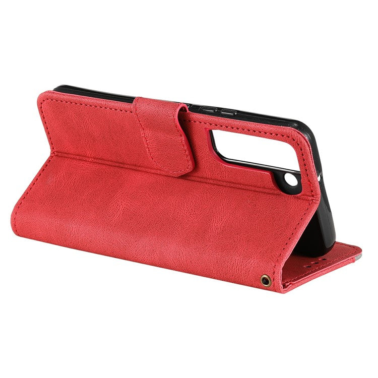 All-round Protection Cover Skin-touch Splicing PU Leather and TPU Drop-proof Phone Case with Stand and Wallet for Samsung Galaxy S22+ 5G - Red