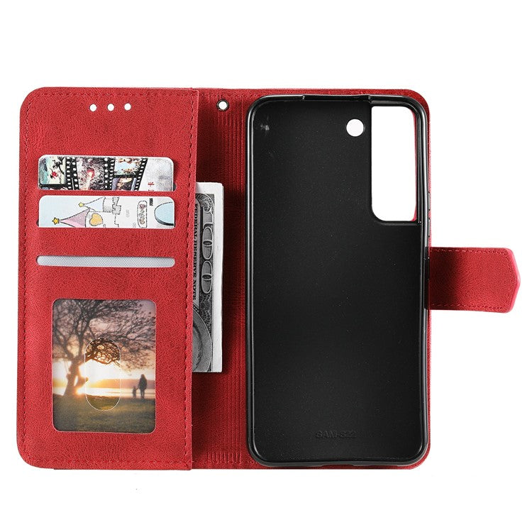 All-round Protection Cover Skin-touch Splicing PU Leather and TPU Drop-proof Phone Case with Stand and Wallet for Samsung Galaxy S22+ 5G - Red