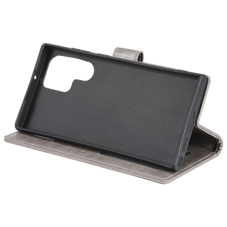 Magnetic Clasp Imprinting Mandala Flower Leather Shell Phone Wallet Stand Case with Strap for Samsung Galaxy S22 Ultra 5G - Grey