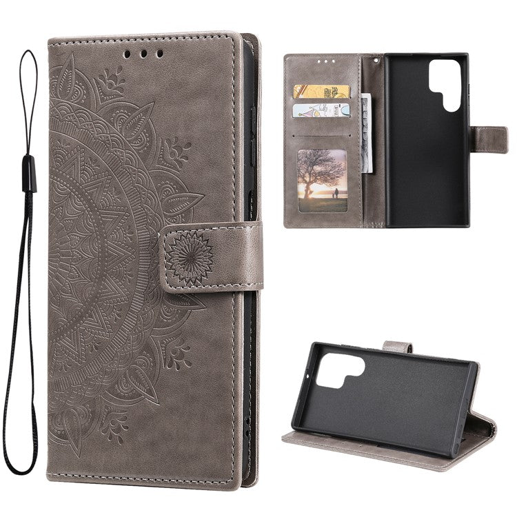 Magnetic Clasp Imprinting Mandala Flower Leather Shell Phone Wallet Stand Case with Strap for Samsung Galaxy S22 Ultra 5G - Grey