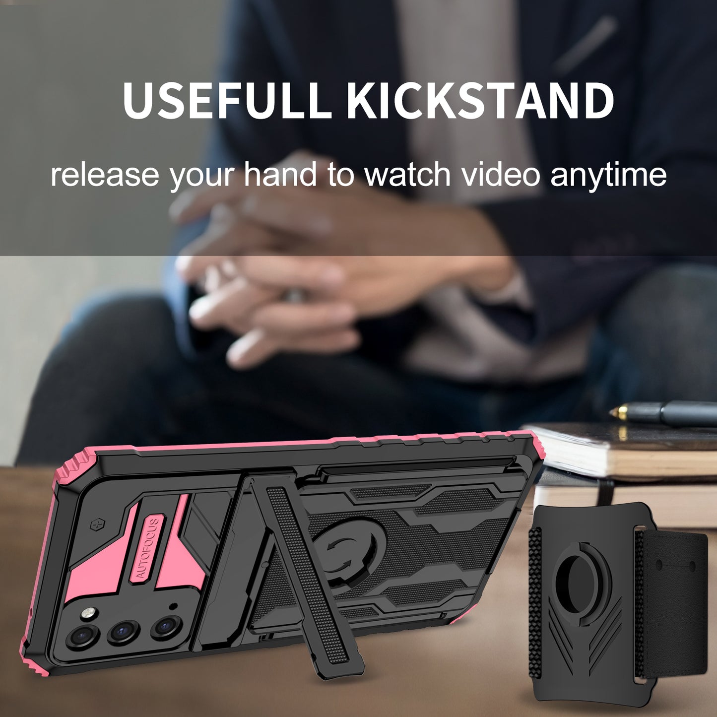 Kickstand Drop-resistant PC + TPU Phone Cover Case with Detachable Adjustable Wristband for Samsung Galaxy S20 FE 2022/S20 FE/S20 FE 5G/S20 Lite - Pink