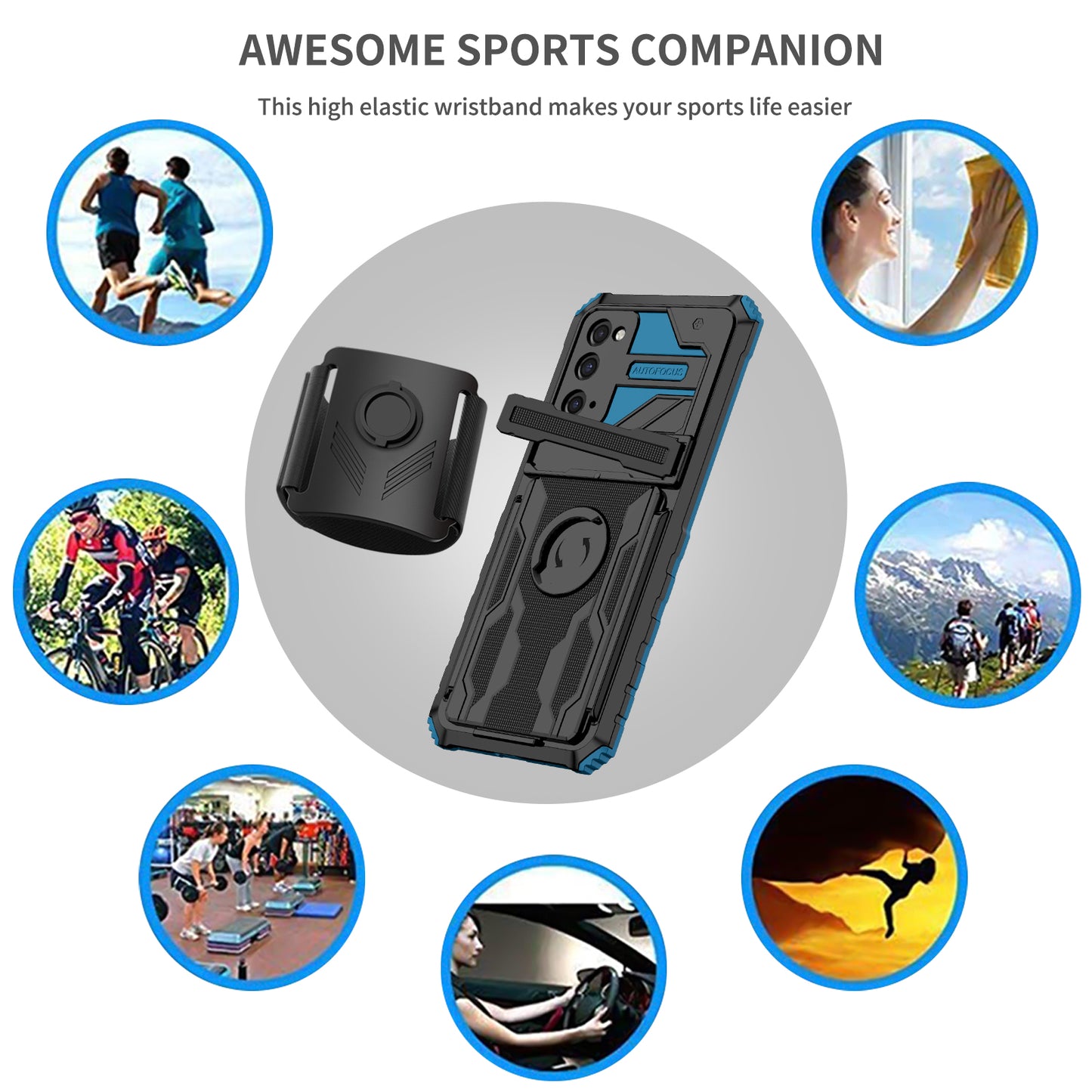 Kickstand Drop-resistant PC + TPU Phone Cover Case with Detachable Adjustable Wristband for Samsung Galaxy S20 FE 2022/S20 FE/S20 FE 5G/S20 Lite - Blue
