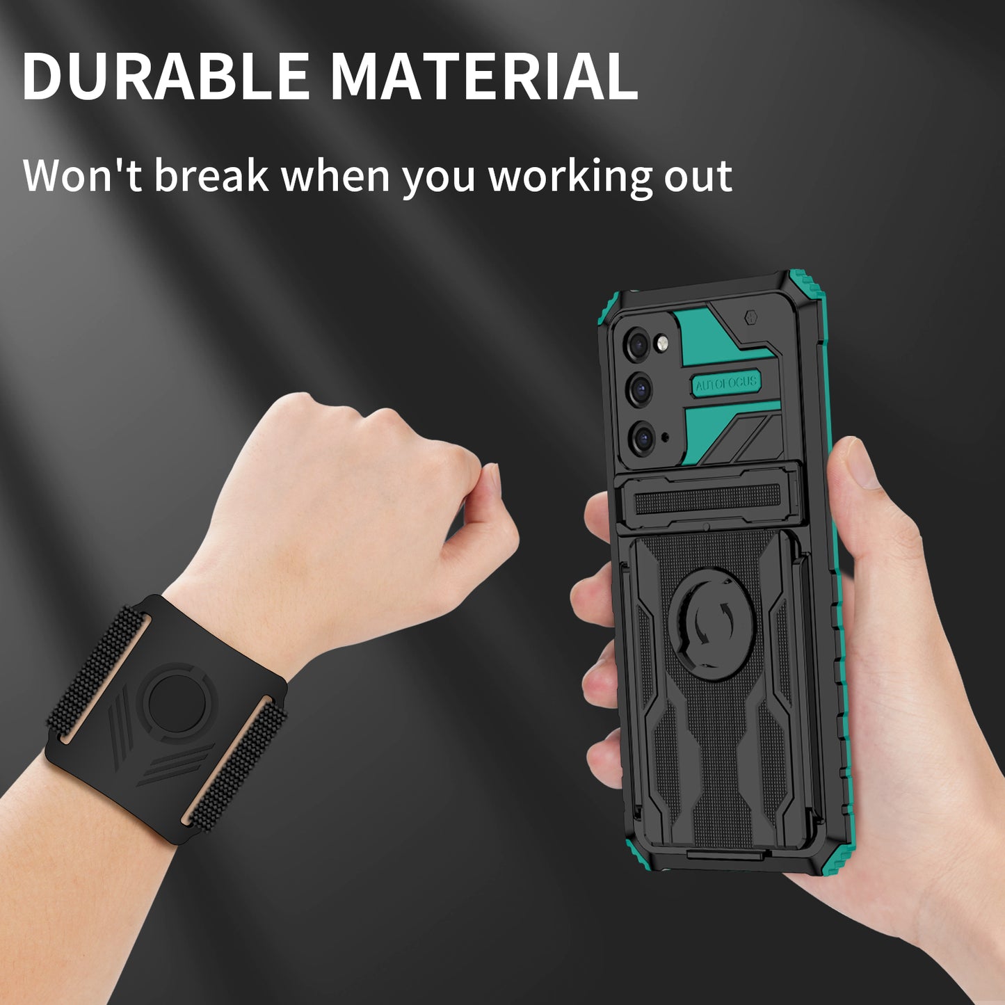 Kickstand Drop-resistant PC + TPU Phone Cover Case with Detachable Adjustable Wristband for Samsung Galaxy S20 FE 2022/S20 FE/S20 FE 5G/S20 Lite - Blackish Green