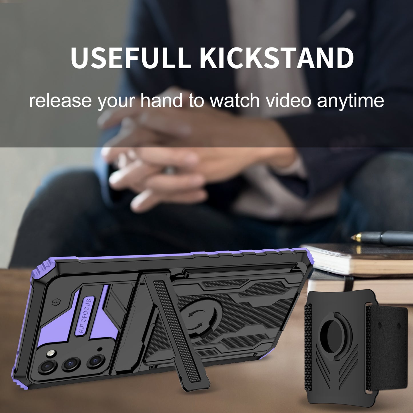 Kickstand Drop-resistant PC + TPU Phone Cover Case with Detachable Adjustable Wristband for Samsung Galaxy S20 FE 2022/S20 FE/S20 FE 5G/S20 Lite - Purple