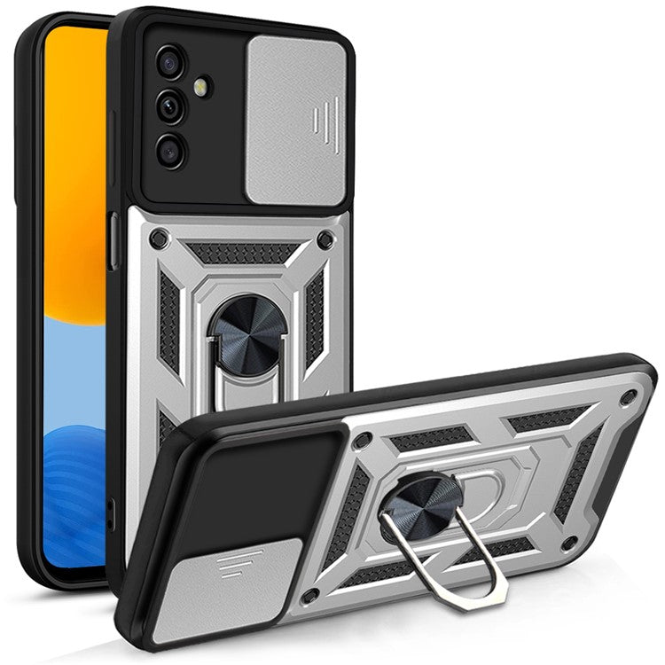 Well-protected Drop-proof Camera Slide Cover Ring Holder Kickstand Design PC + TPU Phone Cover Case for Samsung Galaxy M52 5G - Silver