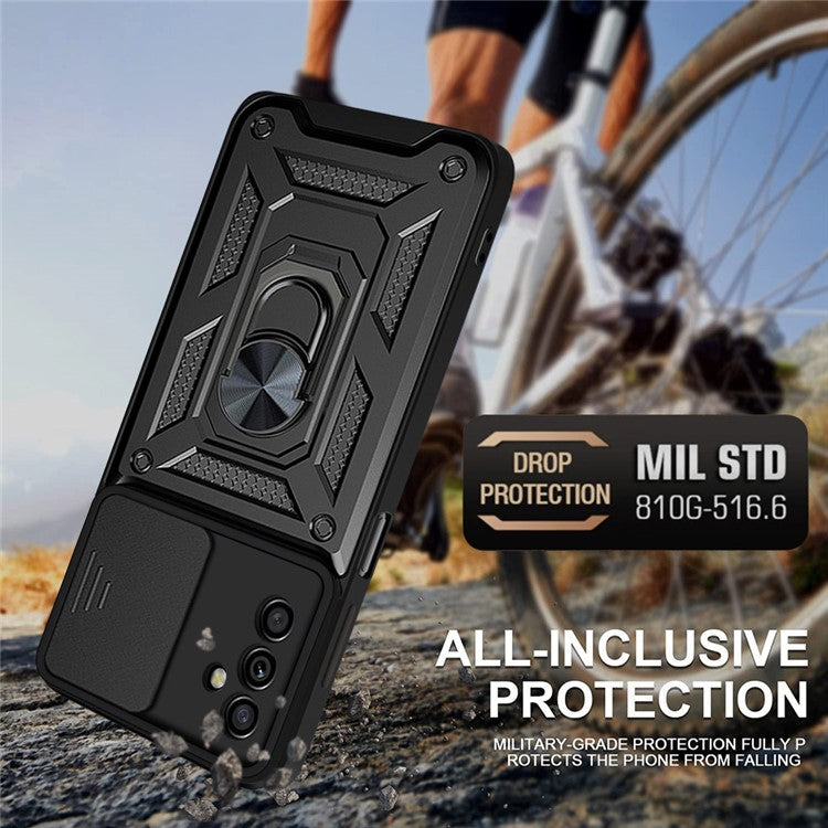 Well-protected Drop-proof Camera Slide Cover Ring Holder Kickstand Design PC + TPU Phone Cover Case for Samsung Galaxy M52 5G - Silver