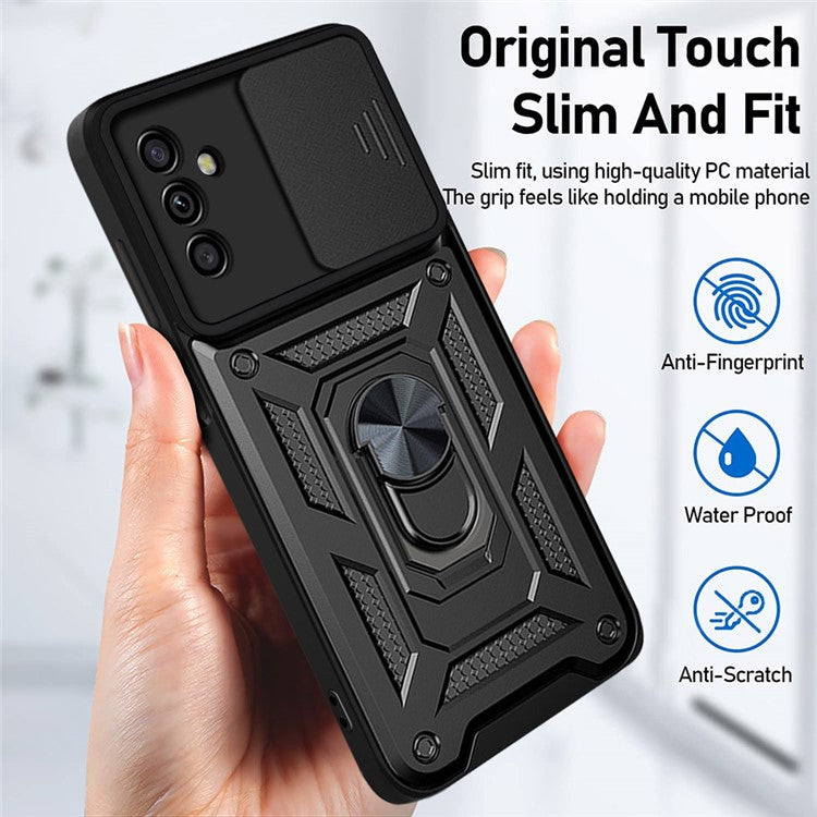 Well-protected Drop-proof Camera Slide Cover Ring Holder Kickstand Design PC + TPU Phone Cover Case for Samsung Galaxy M52 5G - Silver