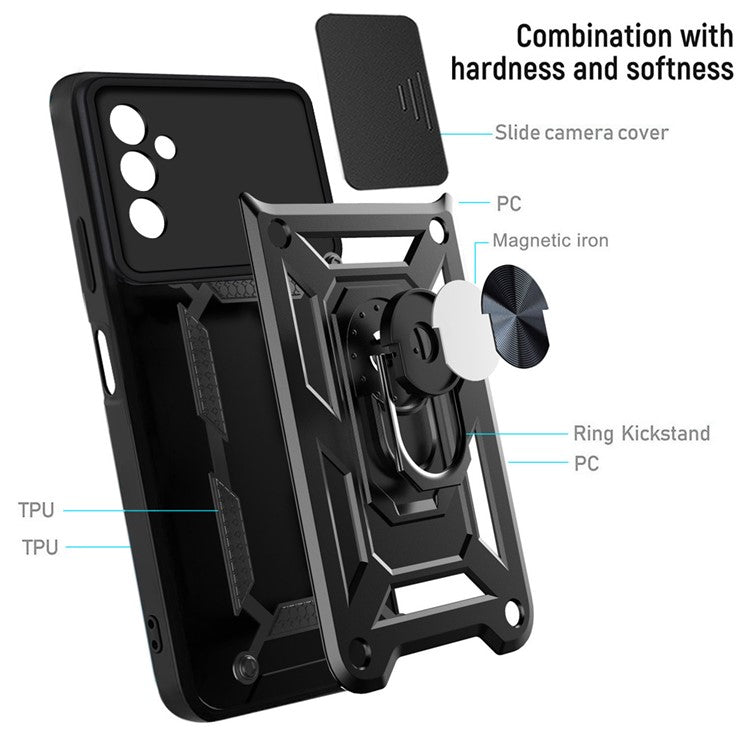 Well-protected Drop-proof Camera Slide Cover Ring Holder Kickstand Design PC + TPU Phone Cover Case for Samsung Galaxy M52 5G - Silver
