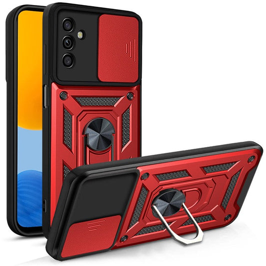 Well-protected Drop-proof Camera Slide Cover Ring Holder Kickstand Design PC + TPU Phone Cover Case for Samsung Galaxy M52 5G - Red