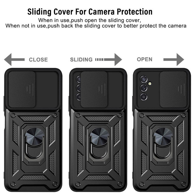 Well-protected Drop-proof Camera Slide Cover Ring Holder Kickstand Design PC + TPU Phone Cover Case for Samsung Galaxy M52 5G - Red