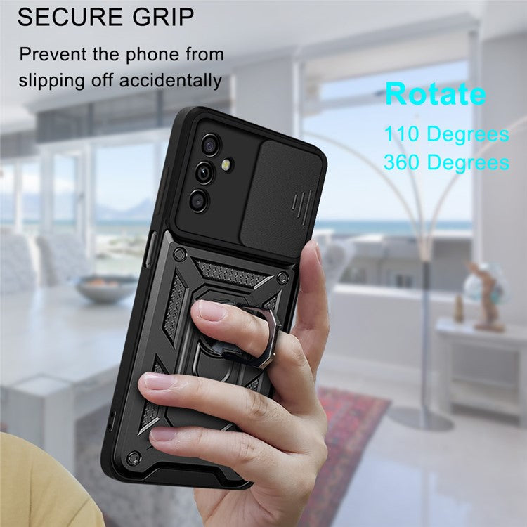 Well-protected Drop-proof Camera Slide Cover Ring Holder Kickstand Design PC + TPU Phone Cover Case for Samsung Galaxy M52 5G - Red