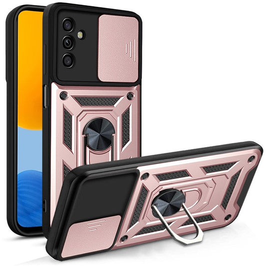 Well-protected Drop-proof Camera Slide Cover Ring Holder Kickstand Design PC + TPU Phone Cover Case for Samsung Galaxy M52 5G - Rose Gold