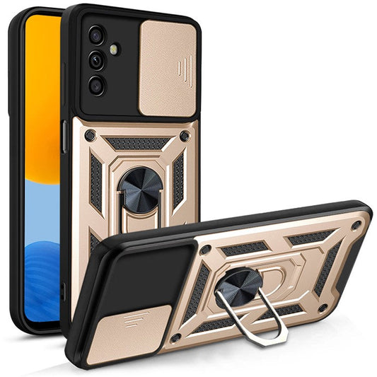 Well-protected Drop-proof Camera Slide Cover Ring Holder Kickstand Design PC + TPU Phone Cover Case for Samsung Galaxy M52 5G - Gold