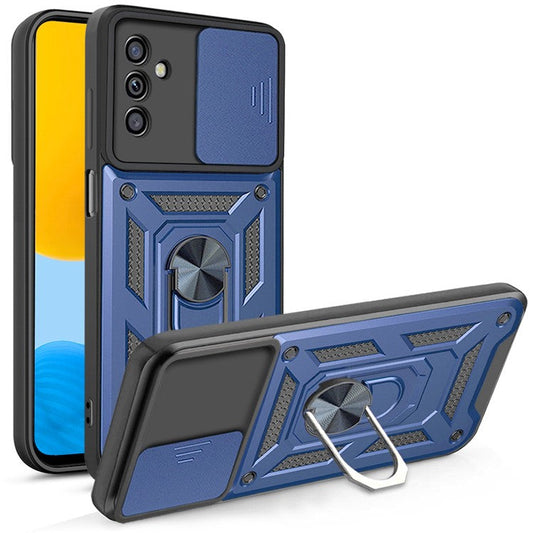 Well-protected Drop-proof Camera Slide Cover Ring Holder Kickstand Design PC + TPU Phone Cover Case for Samsung Galaxy M52 5G - Blue