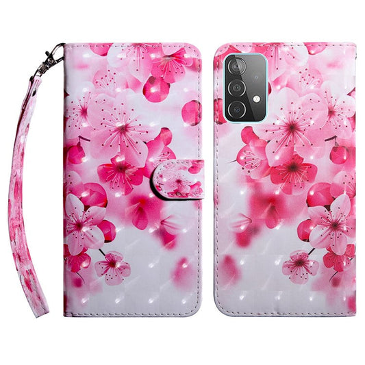 3D Pattern Printing PU Leather Wallet Stand Feature Flip Protective Cover with Strap for Samsung Galaxy A53 5G - Peach Blossom
