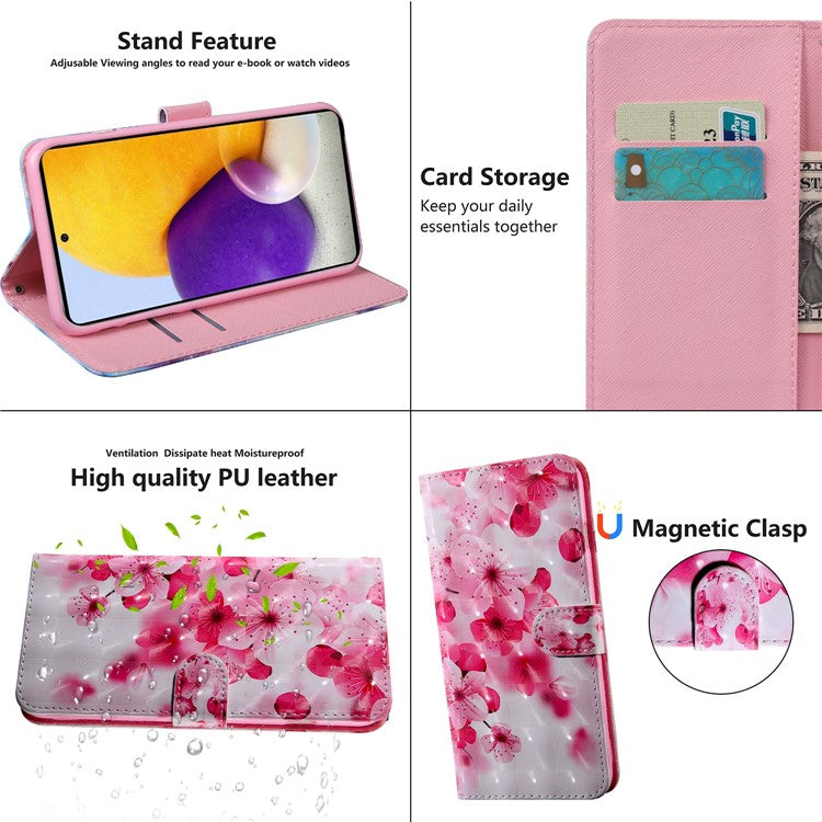 3D Pattern Printing PU Leather Wallet Stand Feature Flip Protective Cover with Strap for Samsung Galaxy A53 5G - Peach Blossom