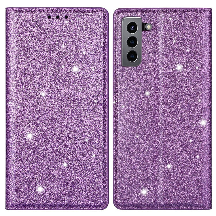 Glitter Powder Ultra-thin Card Slot Stand Leather Case Phone Cover for Samsung Galaxy S22+ 5G - Purple