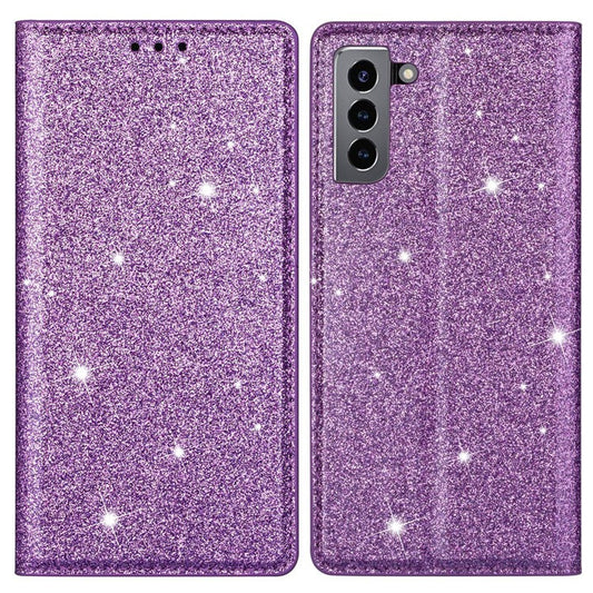 Glitter Powder Ultra-thin Card Slot Stand Leather Case Phone Cover for Samsung Galaxy S22+ 5G - Purple