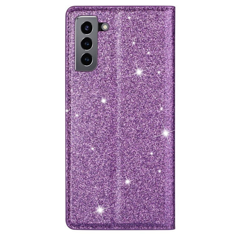 Glitter Powder Ultra-thin Card Slot Stand Leather Case Phone Cover for Samsung Galaxy S22+ 5G - Purple