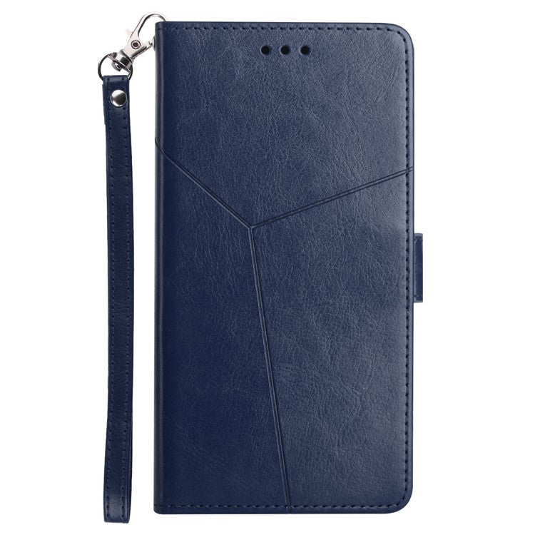 PU Leather Imprinted Y-shaped Lines Magnetic Supporting Stand Flip Wallet Phone Cover with Strap for Samsung Galaxy A53 5G - Blue