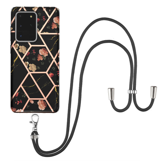 IMD IML TPU Phone Shell with Marble Flower Pattern Electroplating Soft Case + Shoulder Strap for Samsung Galaxy S20 Ultra - Black/Flowers