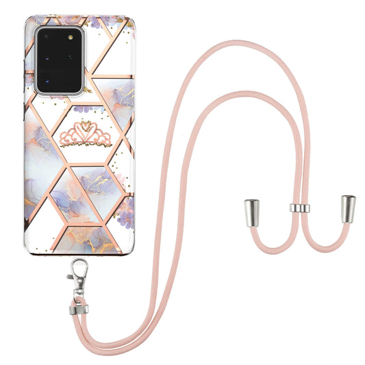 IMD IML TPU Phone Shell with Marble Flower Pattern Electroplating Soft Case + Shoulder Strap for Samsung Galaxy S20 Ultra - Crown