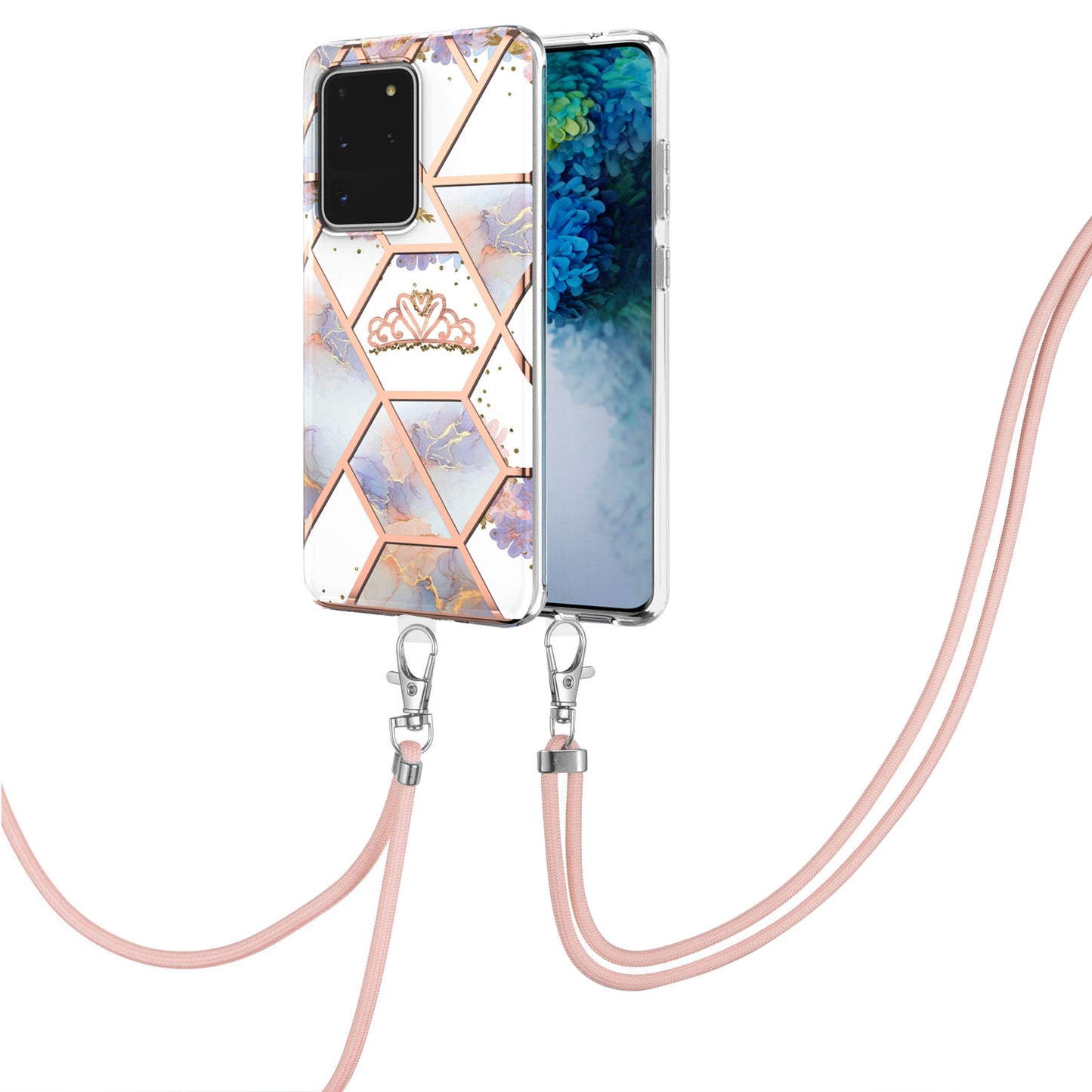 IMD IML TPU Phone Shell with Marble Flower Pattern Electroplating Soft Case + Shoulder Strap for Samsung Galaxy S20 Ultra - Crown