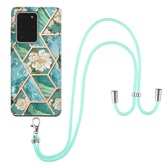 IMD IML TPU Phone Shell with Marble Flower Pattern Electroplating Soft Case + Shoulder Strap for Samsung Galaxy S20 Ultra - Orchid