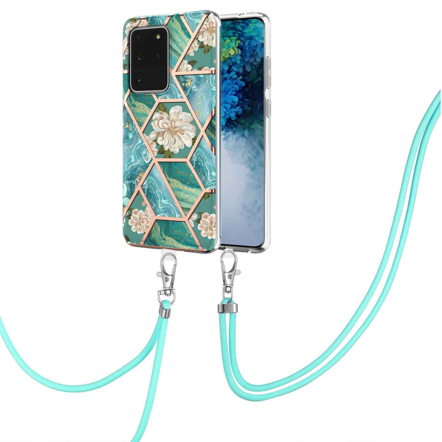 IMD IML TPU Phone Shell with Marble Flower Pattern Electroplating Soft Case + Shoulder Strap for Samsung Galaxy S20 Ultra - Orchid