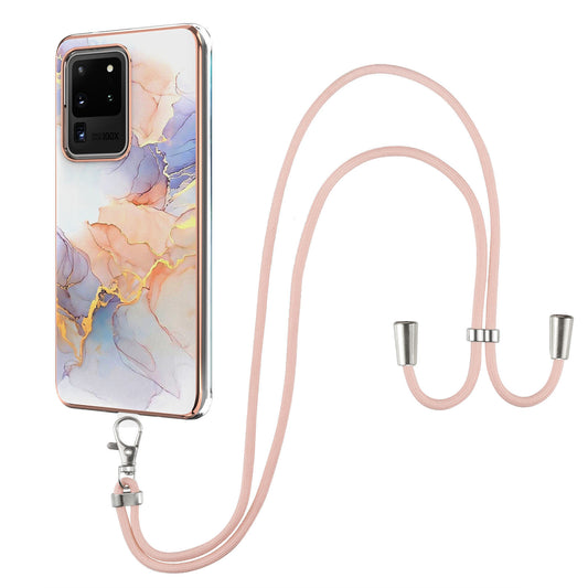 IMD IML TPU Phone Shell with Marble Flower Pattern Electroplating Soft Case + Shoulder Strap for Samsung Galaxy S20 Ultra - The Milky Way/Marble/White